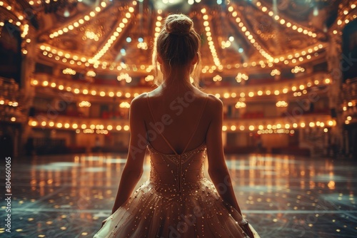 Close-up of a ballerina's embellished costume sparkling with LED lights amidst the grandiose theater photo