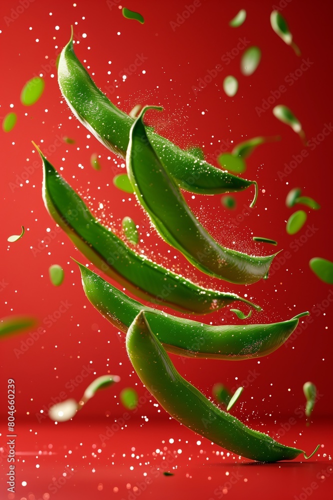 Green beans ascending amidst a scatter of water droplets, set against an intense red background. Green beans ascending amidst a scatter of water droplets, set against an intense red background.