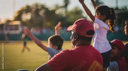 Parents and kids watching youth sports game, in the crowd at stadium cheering family playing baseball soccer field sport