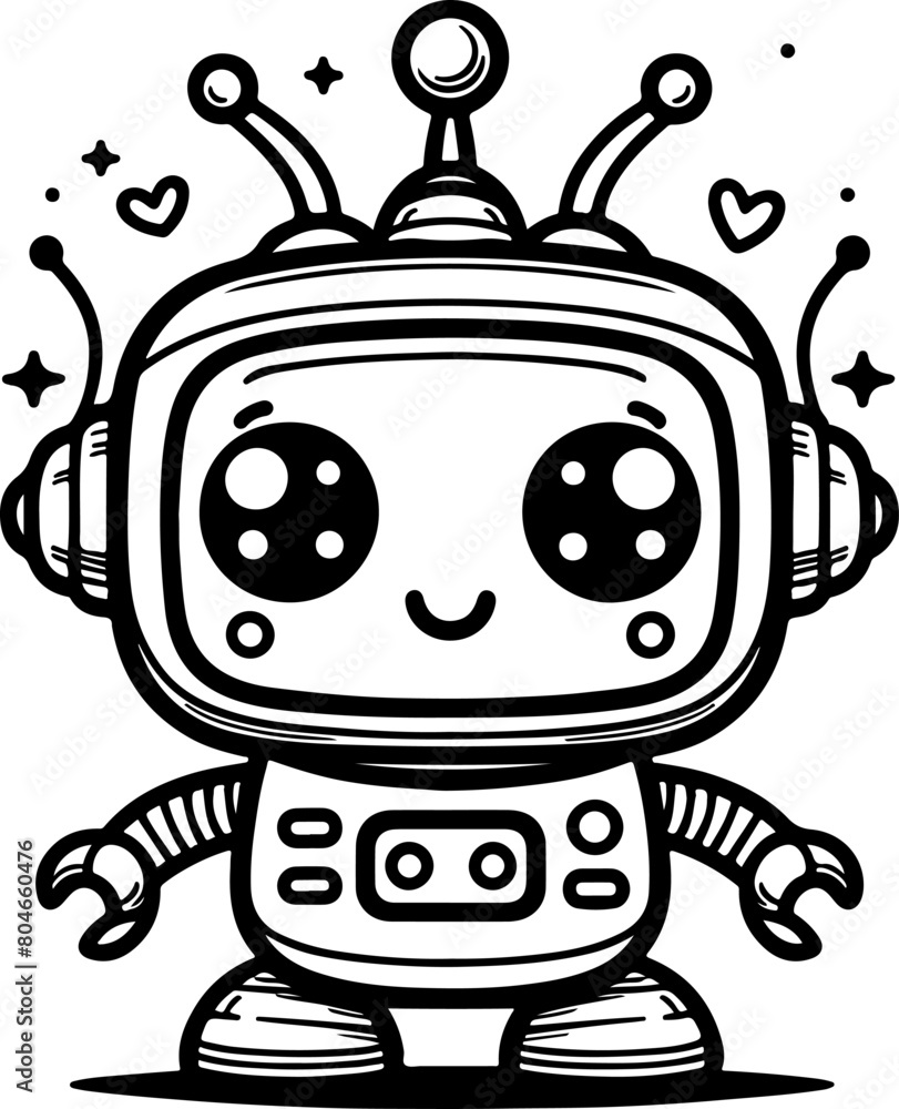 Cute little robot black outline illustration. Coloring book. Cute little robot black outline illustration. Coloring book.