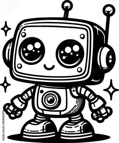 Cute little robot black outline illustration. Coloring book.