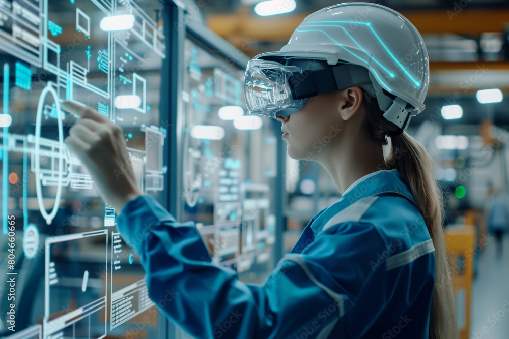 Female engineer interacting with augmented reality interface for machine maintenance in a factory. AI Generated. Female engineer interacting with augmented reality interface for machine maintenance in a factory. AI Generated.