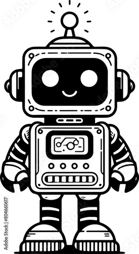 Cute little robot black outline illustration. Coloring book.