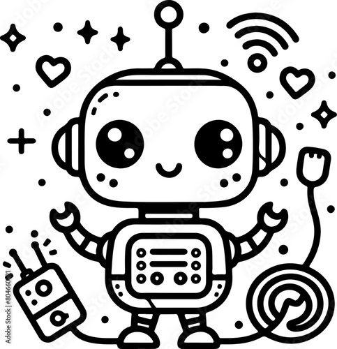 Cute little robot black outline illustration. Coloring book.