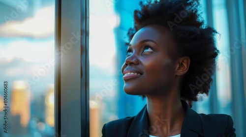 African/African young businesswoman looking at the window and smiling