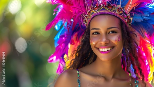 Joyful Brazilian samba dancer in colorful carnival attire performing with a smile. Concept Dance, Brazilian Samba, Carnival Attire, Colorful Costume, Happy Smiling