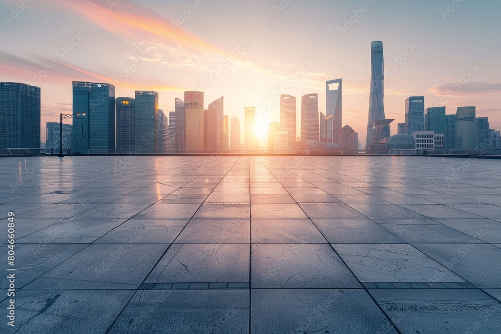 Empty square floor with urban skyline background, China cityscape at morning time Generative AI