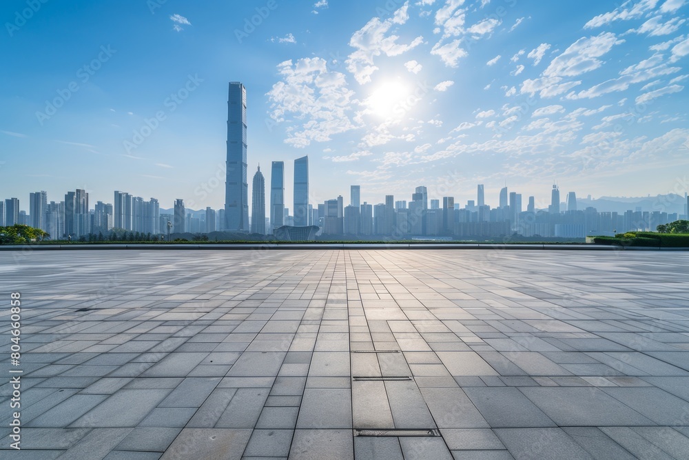 Empty square floor with city skyline background in Shenzhen, China Generative AI