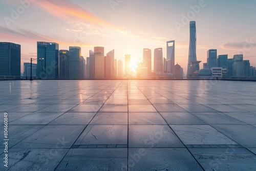 Empty square floor with urban skyline background, China cityscape at morning time Generative AI