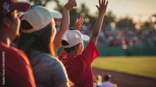 Parents and kids watching youth sports game, in the crowd at stadium cheering family playing baseball soccer field sport
