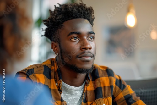 A young man with a contemplative expression participates in a counseling session, dressed in a casual checkered shirt. AI Generated
