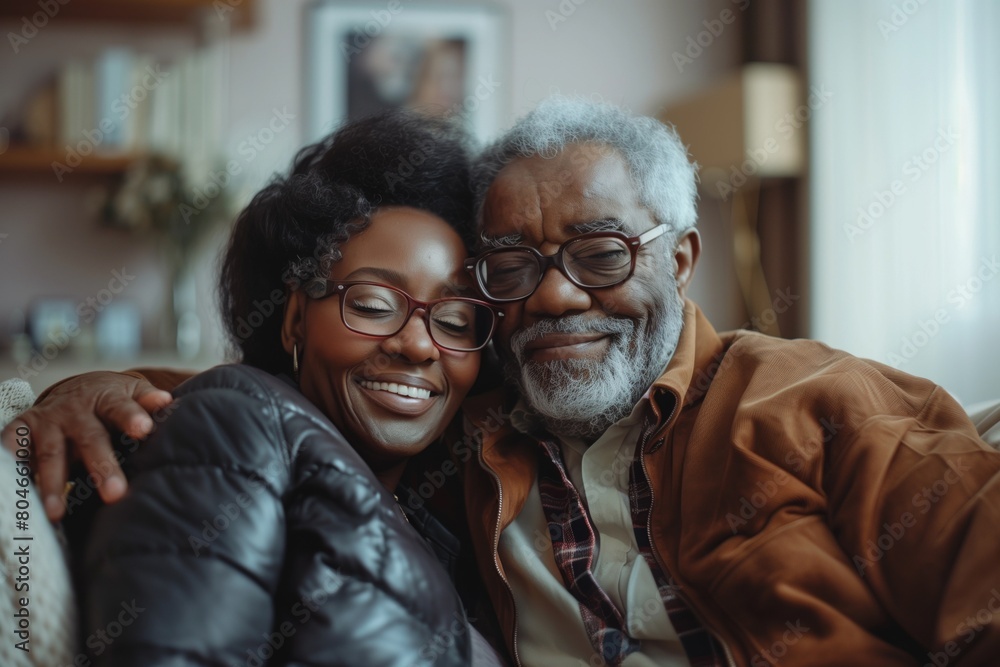 Affectionate senior couple sharing a warm hug, smiling joyfully in their cozy home setting, symbolizing enduring love and care AI Generated. Affectionate senior couple sharing a warm hug, smiling joyfully in their cozy home setting, symbolizing enduring love and care AI Generated.