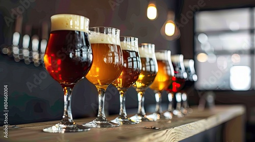 an elegant modern bar setting with a row of glasses showcasing various types and colors of beer on a sleek table, set against a blurred background to highlight the focal point.