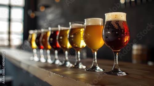 an elegant modern bar setting with a row of glasses showcasing various types and colors of beer on a sleek table, set against a blurred background to highlight the focal point.