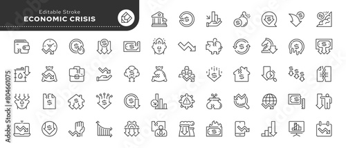 Economic crisis. Set of line icons in line style.  Decline, fall in business activity, decrease, bankruptcy, prices, financial and currency collapse. Outline icon. Conceptual pictogram