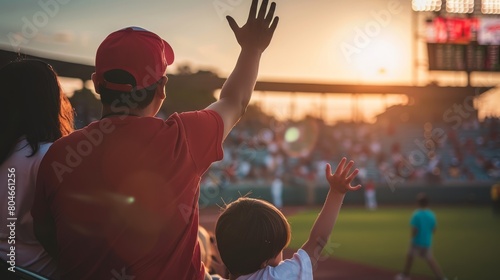 Parents and kids watching youth sports game, in the crowd at stadium cheering family playing baseball soccer field sport photo