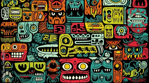 Colorful and Intricate Doodle Illustration of Stylized Characters and Creatures.