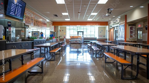 A simple, wellorganized middle school cafeteria with rows of benches and a digital menu display