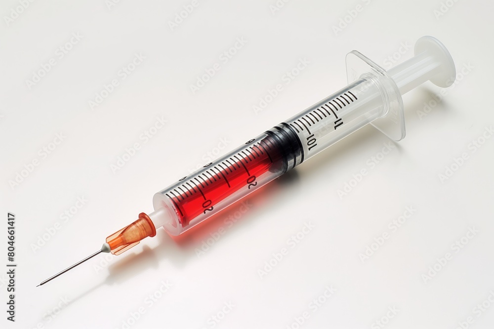 syringe with red liquid on a white background, close-up syringe with red liquid on a white background, close-up