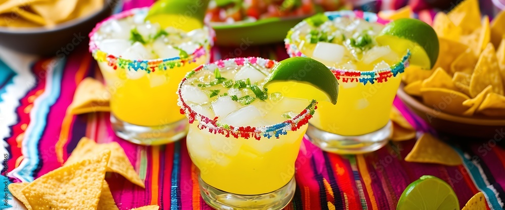  Margaritas and More: Three Cocktails Amidst Nachos, Chips, and Salsa, Set on a Festive Mexican Tablecloth. Ideal for Cinco de Mayo Celebrations.