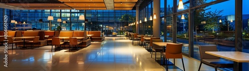 An empty corporate cafeteria at night, showcasing stylish furniture and ambient lighting