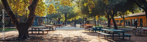 An outdoor school cafeteria with picnic tables under shade trees, students enjoying their lunch break