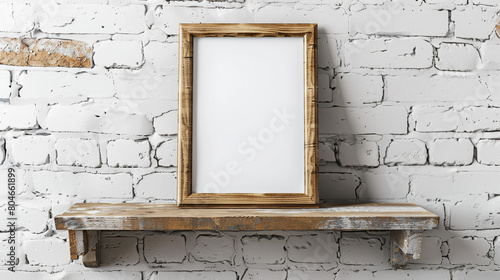 A vintage-style mockup frame placed on a weathered wooden shelf against a backdrop of whitewashed brick walls. photo