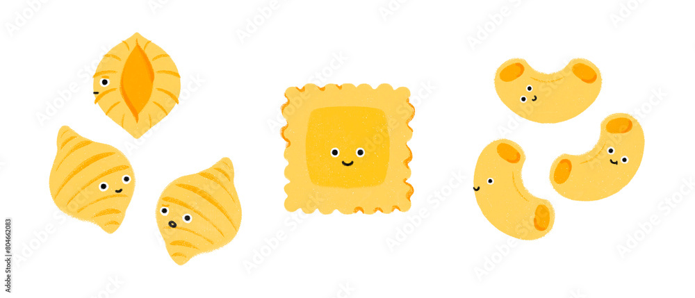 cute kiddy ravioli macaroni conchiglie characters group Italian pasta hand drawn style food recipe cookbook picture book children's book food culture menu illustrations with transparent background PNG