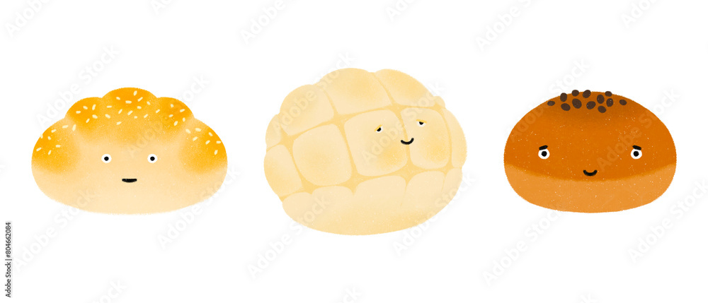 Fototapeta premium cute good morning Japanese melon pan red bean bread cocktail bun breakfast characters hand drawn food recipe cookbook picture book children's book food culture illustrations transparent background PNG