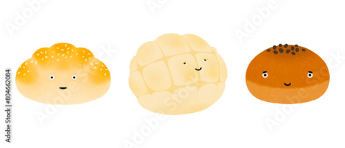 cute good morning Japanese melon pan red bean bread cocktail bun breakfast characters hand drawn food recipe cookbook picture book children's book food culture illustrations transparent background PNG photo
