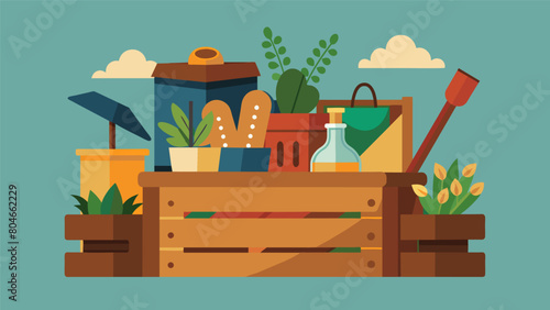 A vintage wooden crate holds a mix of garden hand tools and oldfashioned seed packets reminiscent of a bygone era.. Vector illustration photo