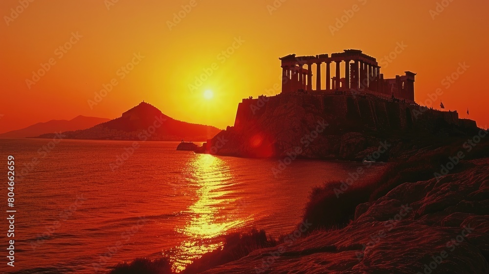 Temple of Poseidon at Sounion during Sunset: An Ancient Building of Stone Glowing with Temple of Poseidon at Sounion during Sunset: An Ancient Building of Stone Glowing with