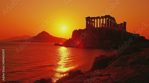 Temple of Poseidon at Sounion during Sunset: An Ancient Building of Stone Glowing with photo