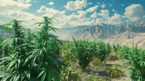 Medical weed pant cannabis marijuana field outddor farm nature wild. Cannabis or marijuana outdoors plantation growing on the mountains. Wide angle