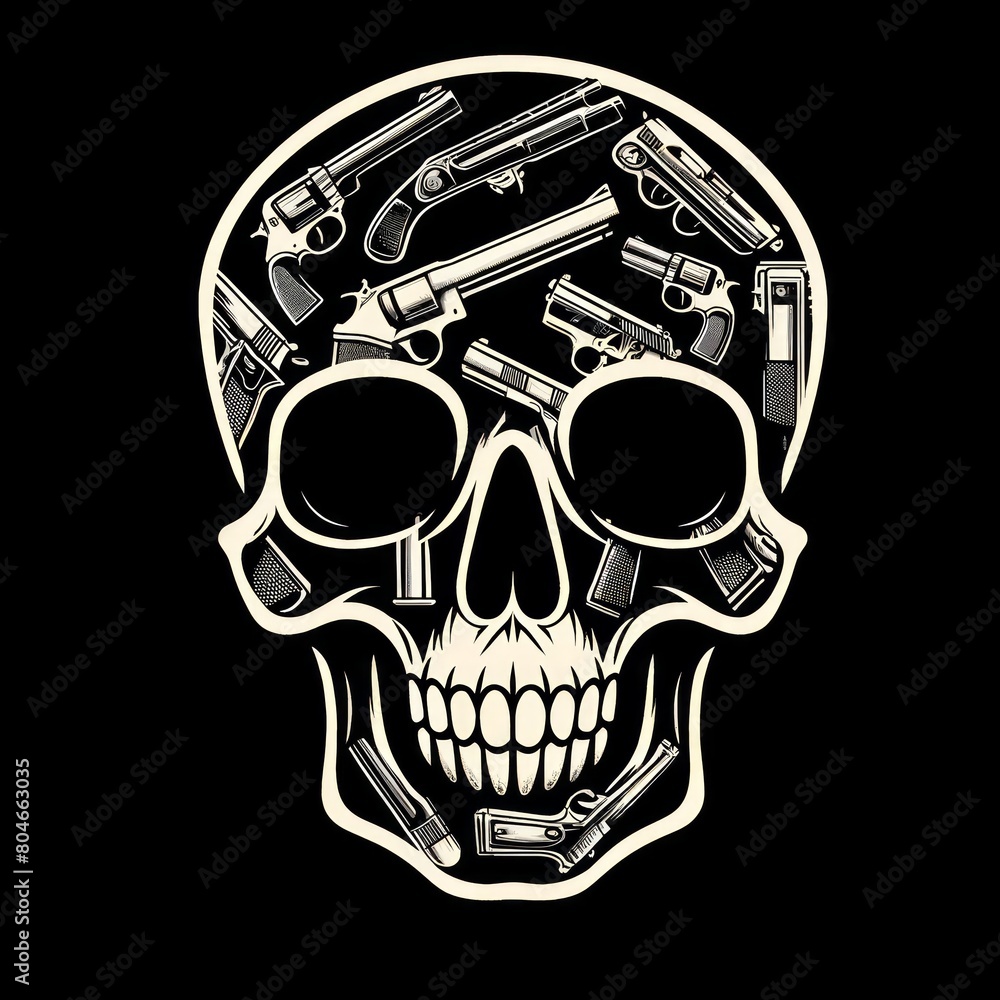 silhouette logo sketch for tattoo Human skull with guns inside