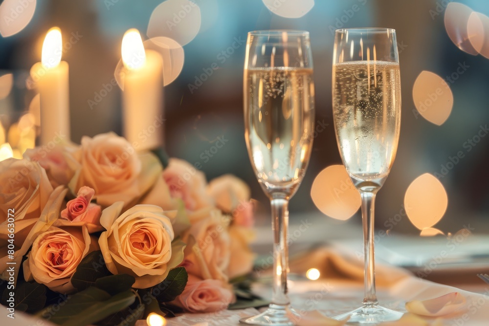 Elegant Table Setup With Champagne Flutes and Flowers Elegant Table Setup With Champagne Flutes and Flowers