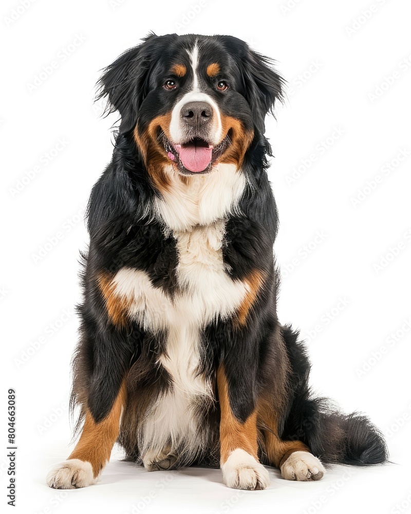 Sitting Bernese Mountain Dog. Isolated Pet Animal Sitting in Photo on White Background Sitting Bernese Mountain Dog. Isolated Pet Animal Sitting in Photo on White Background