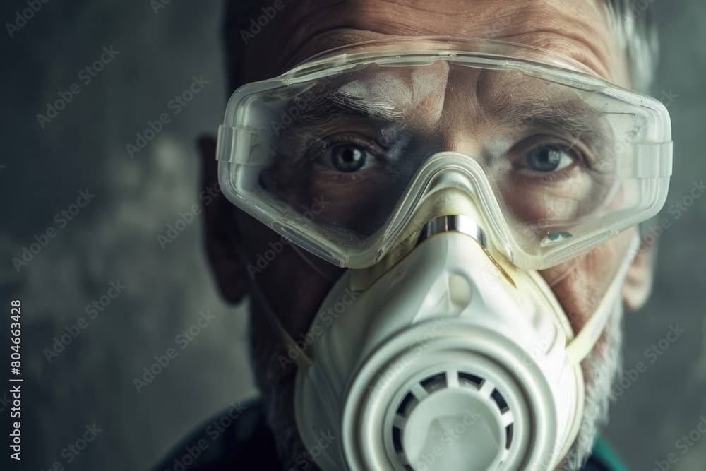 Schutzmaske: Man Wearing Protective Respirator Mask for Allergy or Poison Filter Schutzmaske: Man Wearing Protective Respirator Mask for Allergy or Poison Filter