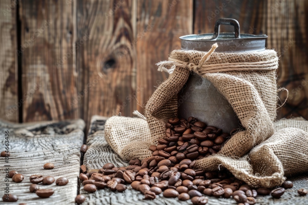 Obraz premium Rustic Coffee Beans and Burlap Sack with Canister on Wooden Table - Perfect for Caffeine Lovers
