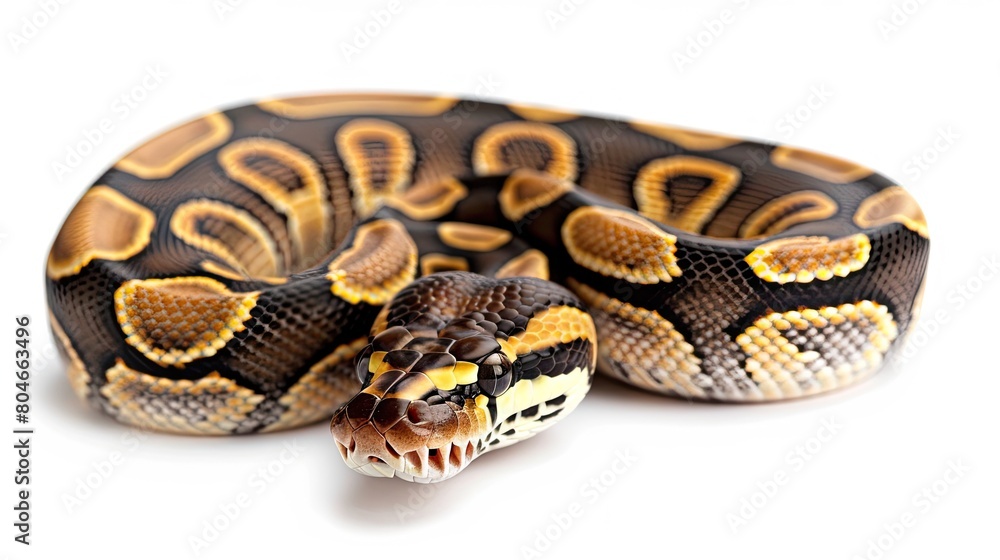 a Ball python against a pristine white background, showcasing its striking patterns and unique coloration in a minimalist setting. a Ball python against a pristine white background, showcasing its striking patterns and unique coloration in a minimalist setting.