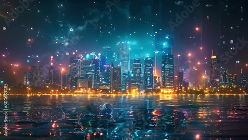 A vibrant nightscape with a digital network illustration superimposed on a city skyline. photo