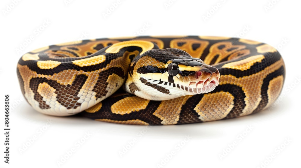 a Ball python against a pristine white background, showcasing its striking patterns and unique coloration in a minimalist setting. a Ball python against a pristine white background, showcasing its striking patterns and unique coloration in a minimalist setting.