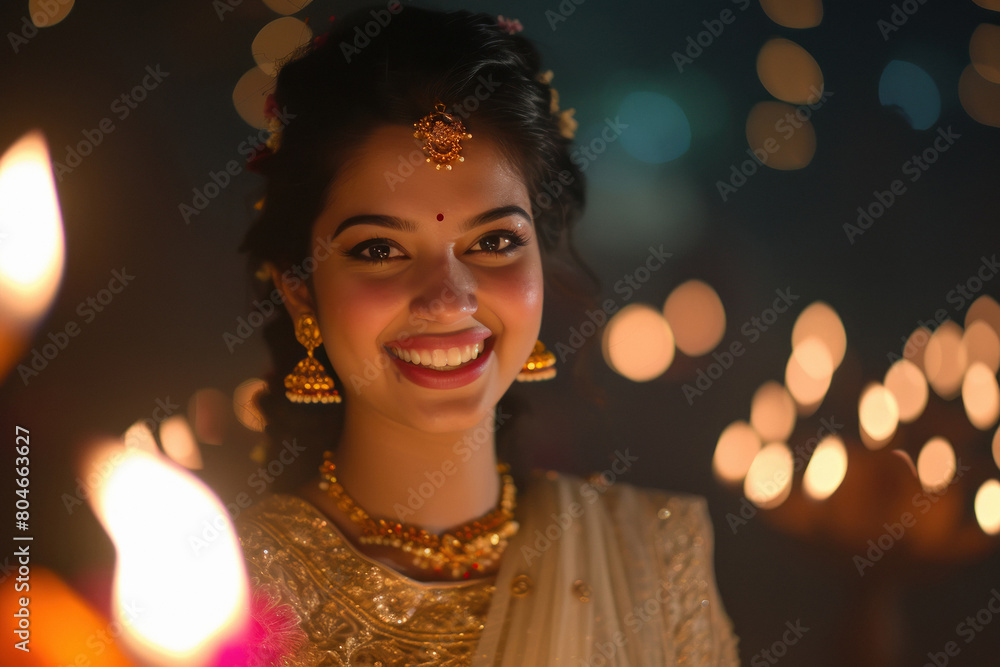 happy beautiful indian woman in saree dress on diwali lights background happy beautiful indian woman in saree dress on diwali lights background