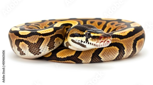 a Ball python against a pristine white background, showcasing its striking patterns and unique coloration in a minimalist setting.