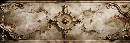 Baroque, barocco ornate gold and marble ceiling non linear reformation design. elaborate ceiling with intricate accents depicting classic elegance and architectural beauty photo
