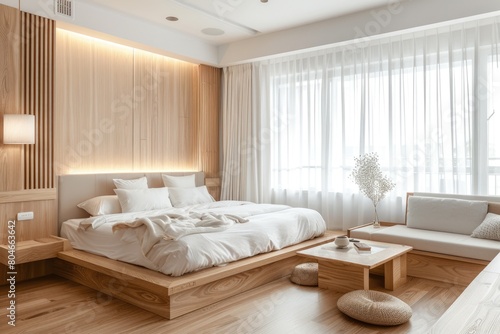 Small Condo Interior Design. Minimalist White   Wood Bedroom and Lounge Area