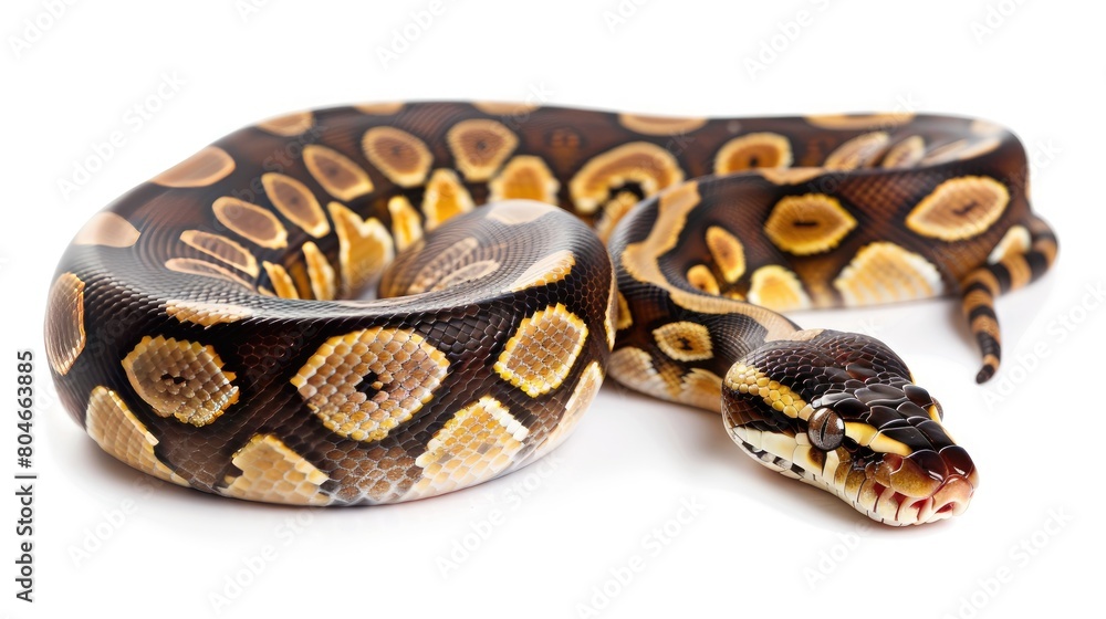 a Ball python against a pristine white background, showcasing its striking patterns and unique coloration in a minimalist setting. a Ball python against a pristine white background, showcasing its striking patterns and unique coloration in a minimalist setting.