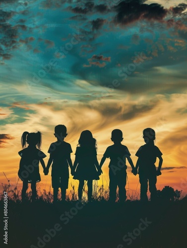 Silhouette back refugee kid group.Responsible.Kid child boy and girl worship.World kids day, Pray and worship, Hope, freedom, Diverse, Faith.World refugee day.Juneteenth kid.Friends - generative ai © Nia™