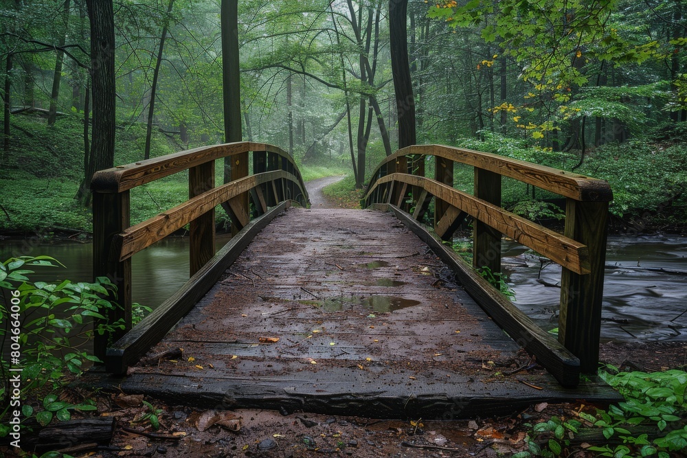 An atmospheric image captures a quiet wooden bridge over a serene creek, surrounded by the lush foliage of a misty forest detailing a journey or contemplation An atmospheric image captures a quiet wooden bridge over a serene creek, surrounded by the lush foliage of a misty forest detailing a journey or contemplation