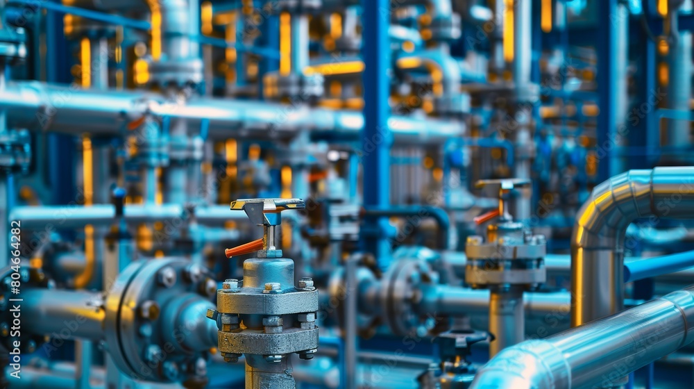 A complex network of pipes and valves in a chemical plant, close-up